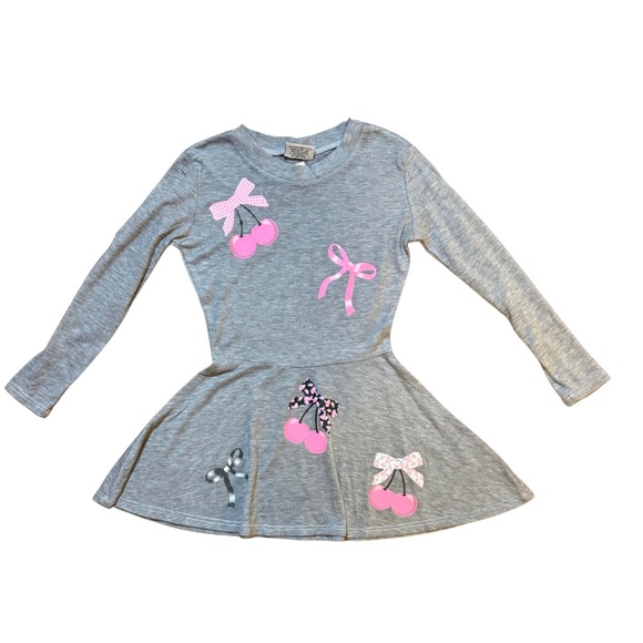 Firehouse Other - Firehouse Grey Cherry Bows Long Sleeve Dress girls size 4 NWT